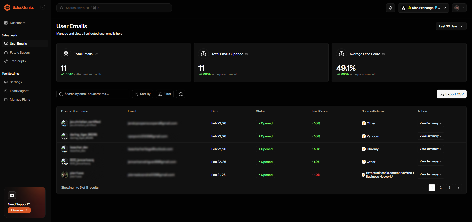SalesGenie emails collected from Discord members