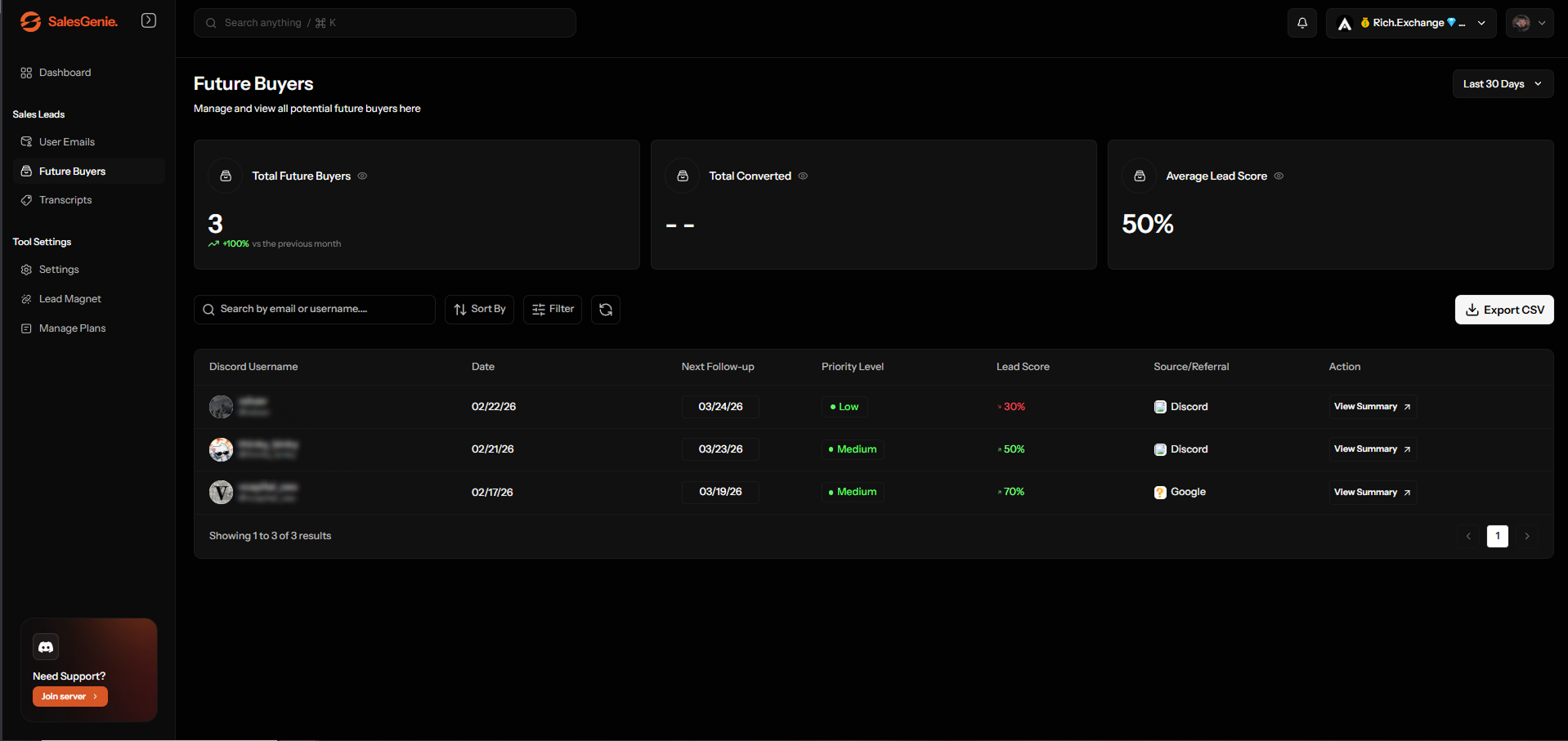 SalesGenie future buyers follow-up dashboard