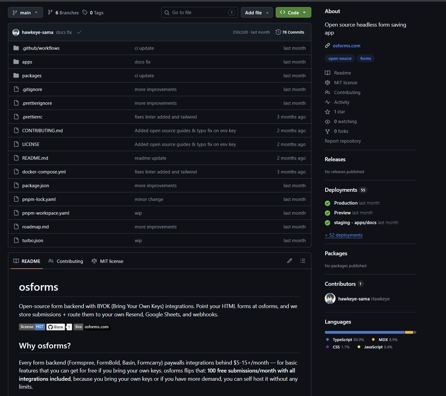 OSForms GitHub repository showing commit history