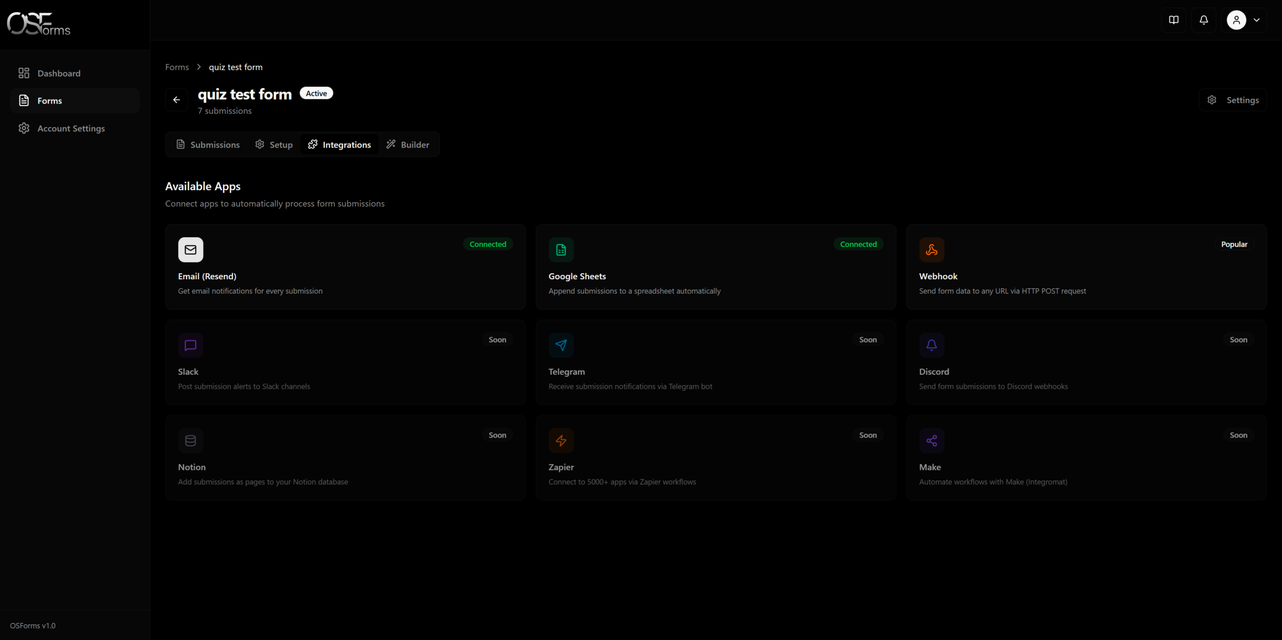Integration settings showing Resend API key and Google Sheets OAuth