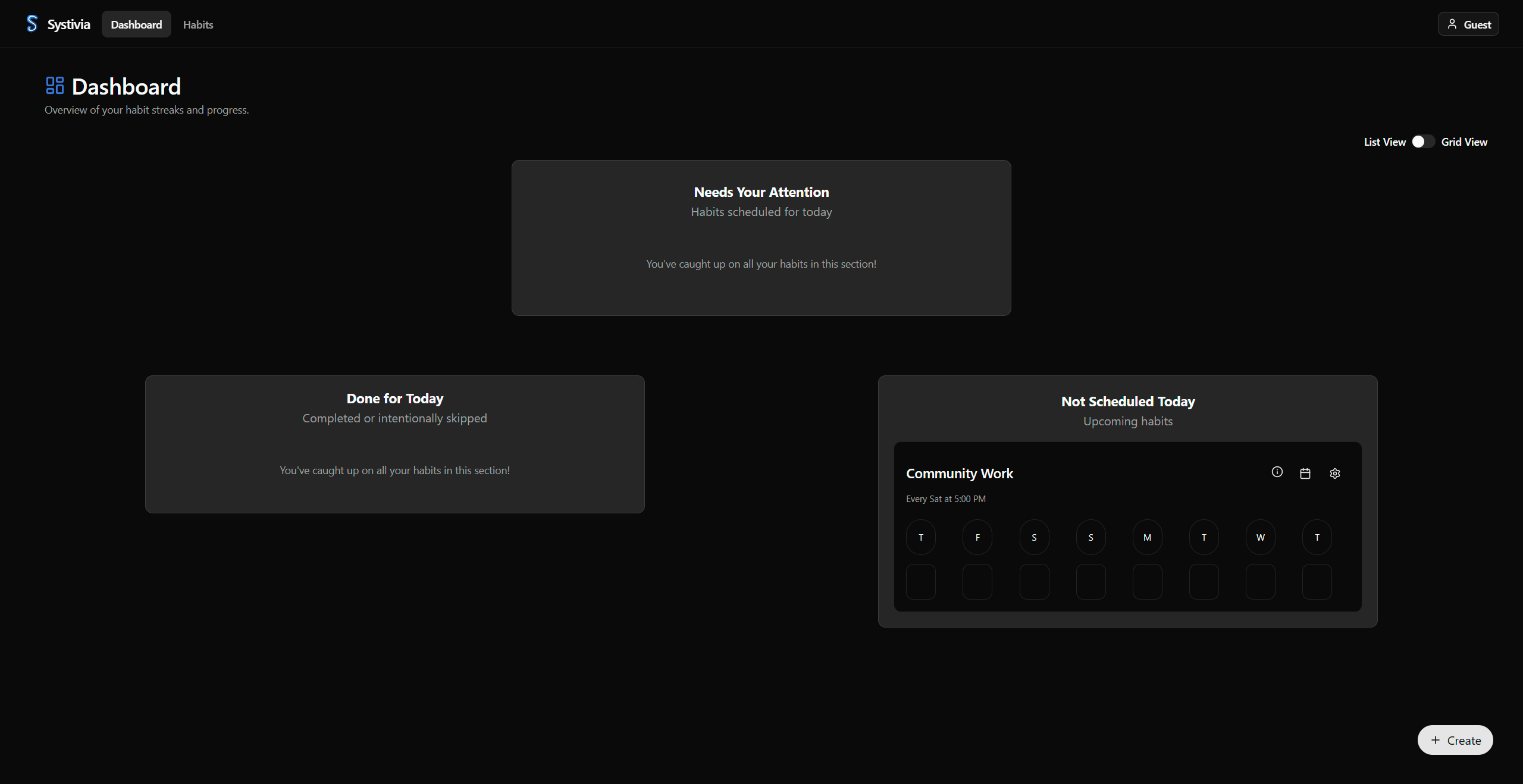 Systivia dashboard showing identity cards and habit progress