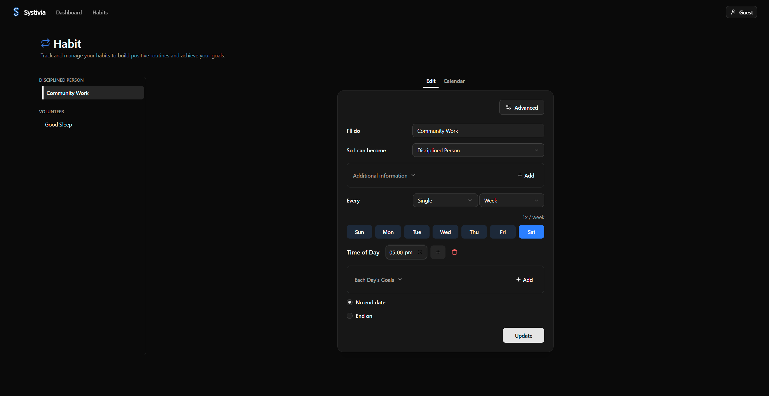 Systivia habit detail view showing identity connection and scheduling