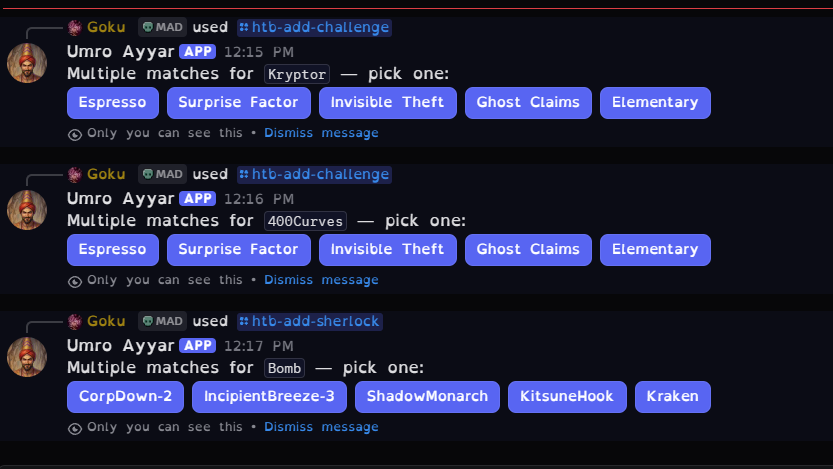 Umro Ayyar bot resolving a member's HackTheBox lab challenge request inside Discord