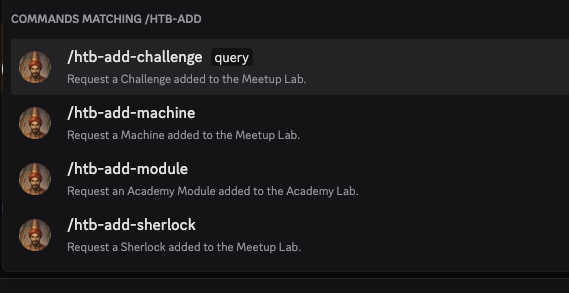 Umro Ayyar slash commands for requesting HackTheBox machines, modules, challenges, and Sherlocks