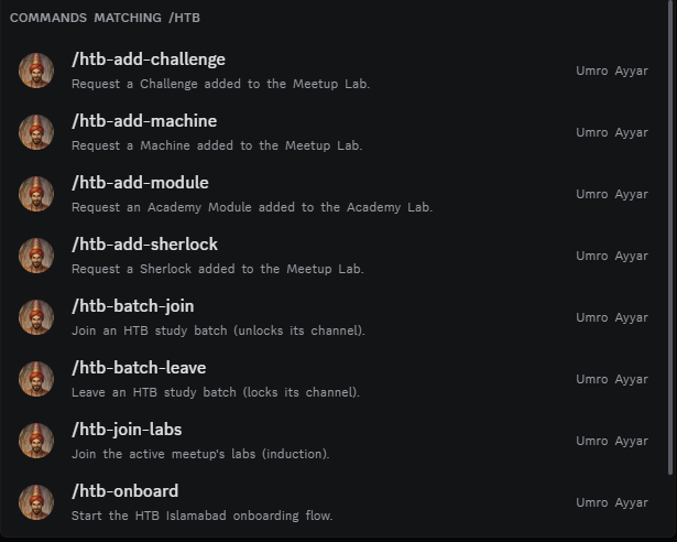 Umro Ayyar slash commands for requesting HackTheBox machines, modules, challenges, and Sherlocks