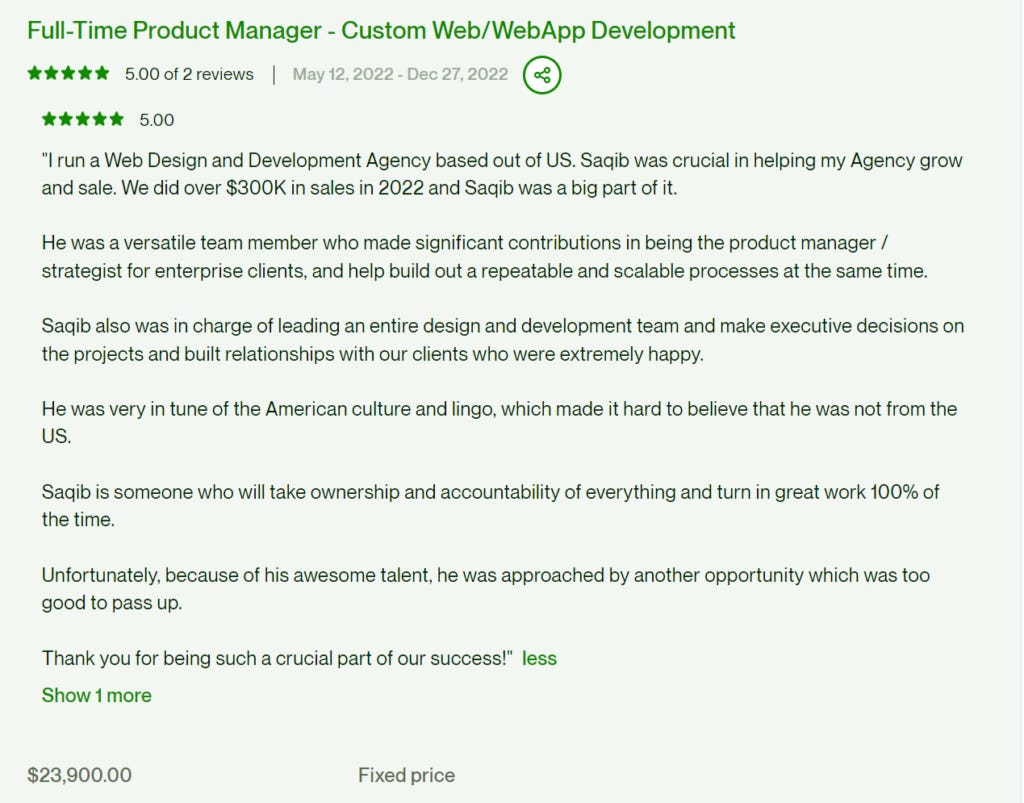 Upwork client review crediting scalable process and product management for over $300,000 in agency sales