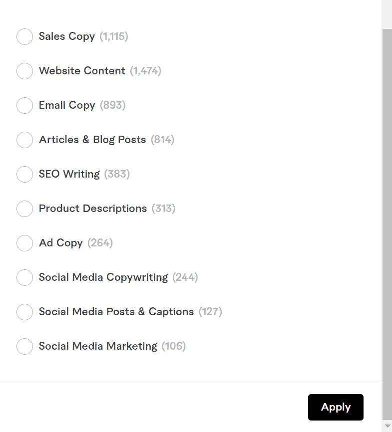 Fiverr search results for copywriting, showing top sellers who packaged their services into specific niches