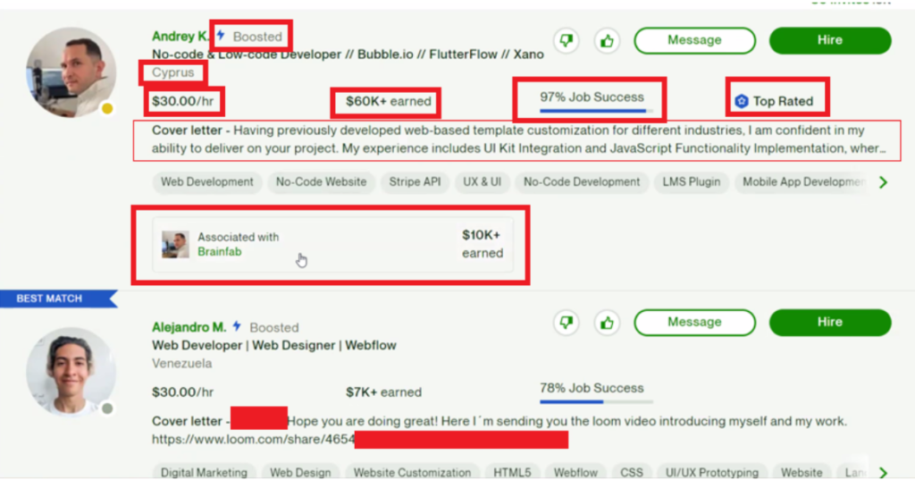 How an Upwork proposal appears to the client, showing only the first two lines before they decide to open it.