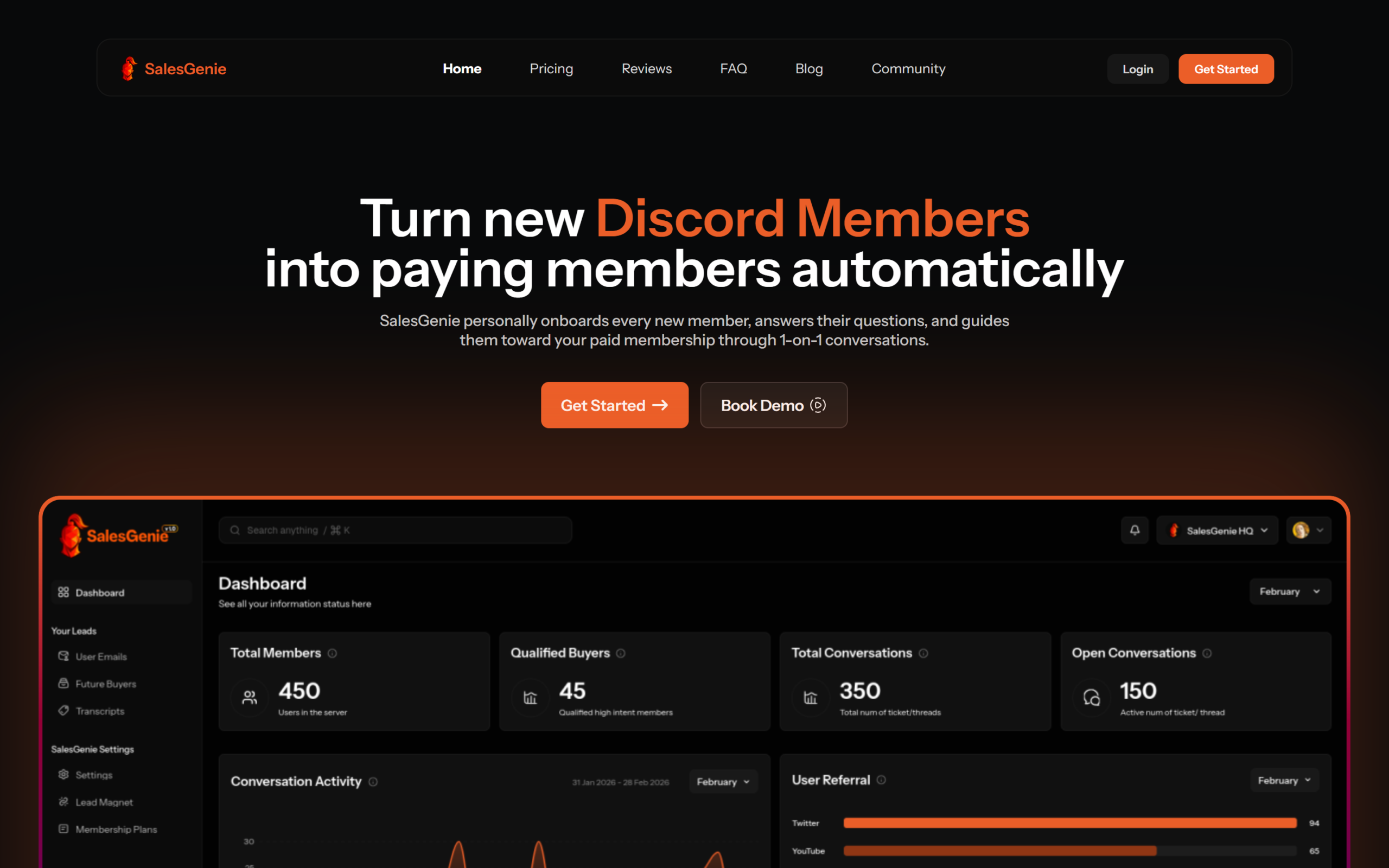 The SalesGenie homepage: turn new Discord members into paying members automatically