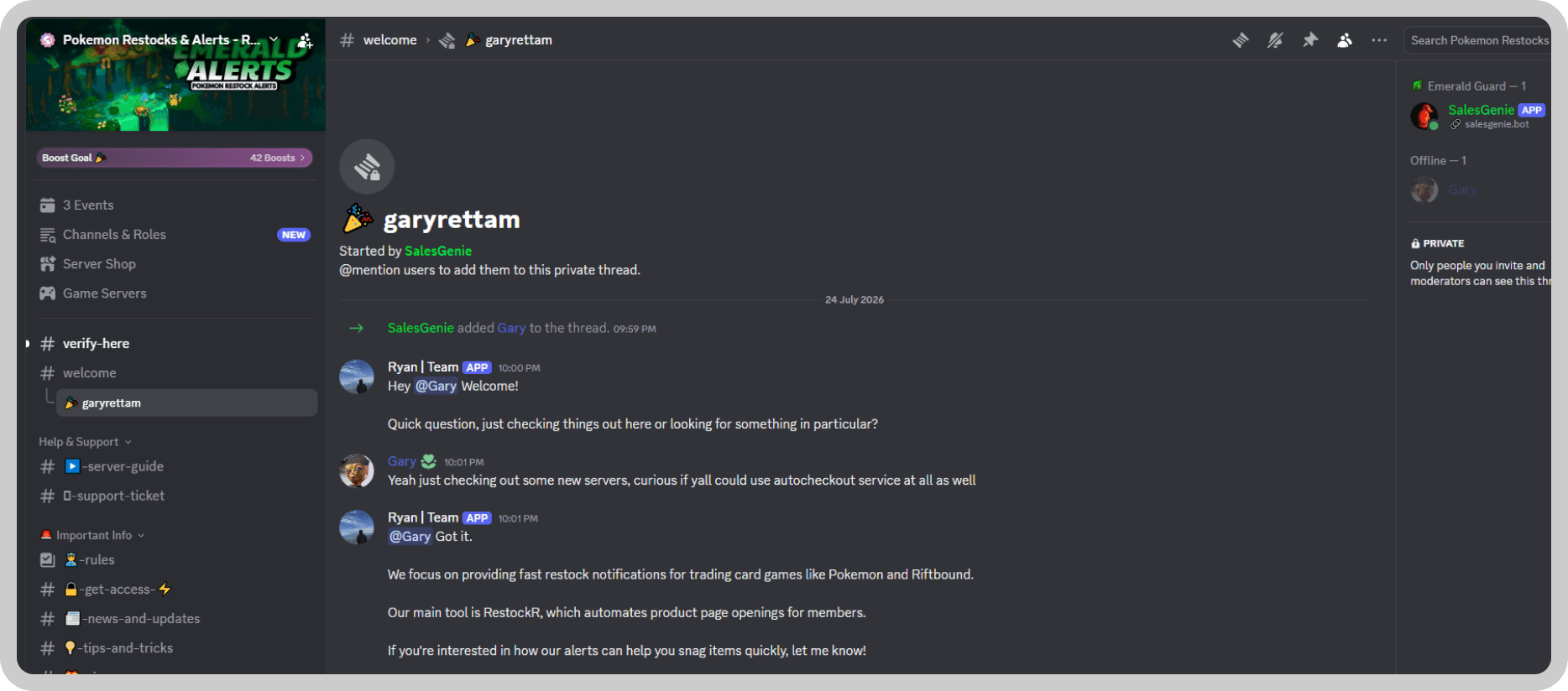 A SalesGenie onboarding conversation with a new member of the Pokemon RestockR Discord