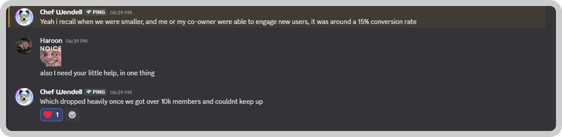 The community owner describing a 15% manual conversion rate before SalesGenie