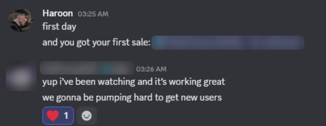 Discord messages: first day live, the client's first sale, and the owner replying that it's working great
