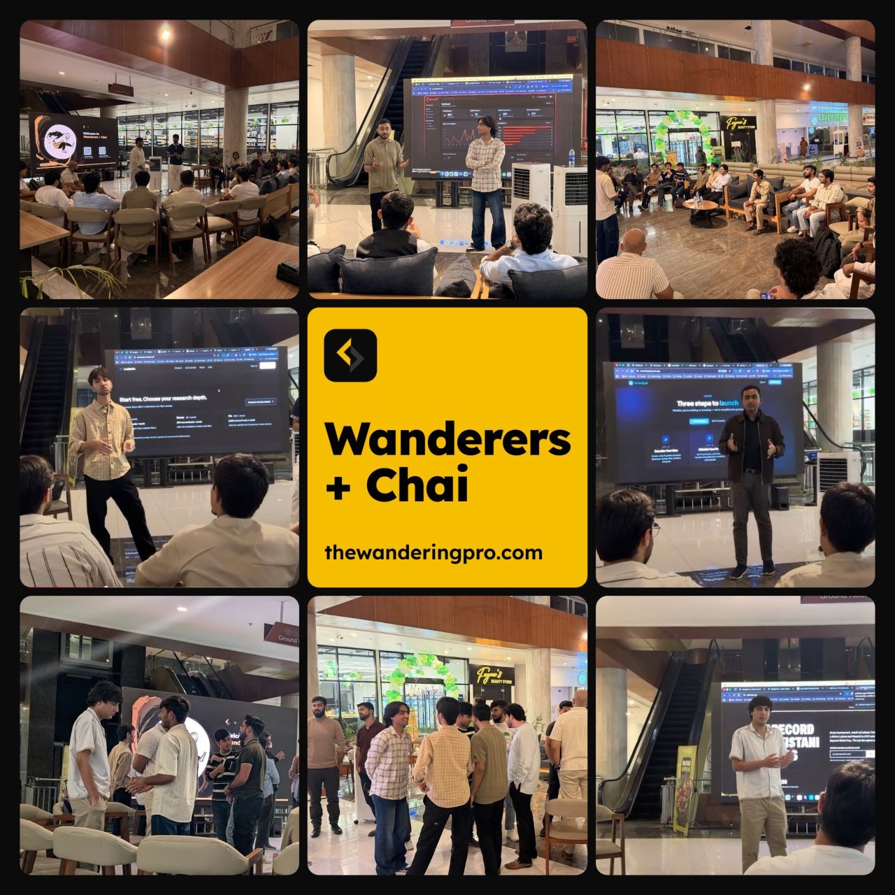 Wanderers + Chai, The Wandering Pro's first meetup in Islamabad: builders seated in a circle, founders demoing products on the big screen, and groups chatting after the talks